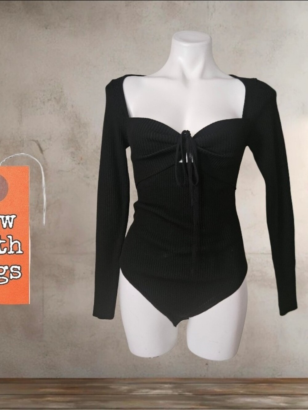 NWT/ Missguided Ribbed Long Sleeve Tie-Front  Bodysuit - Black Size 8